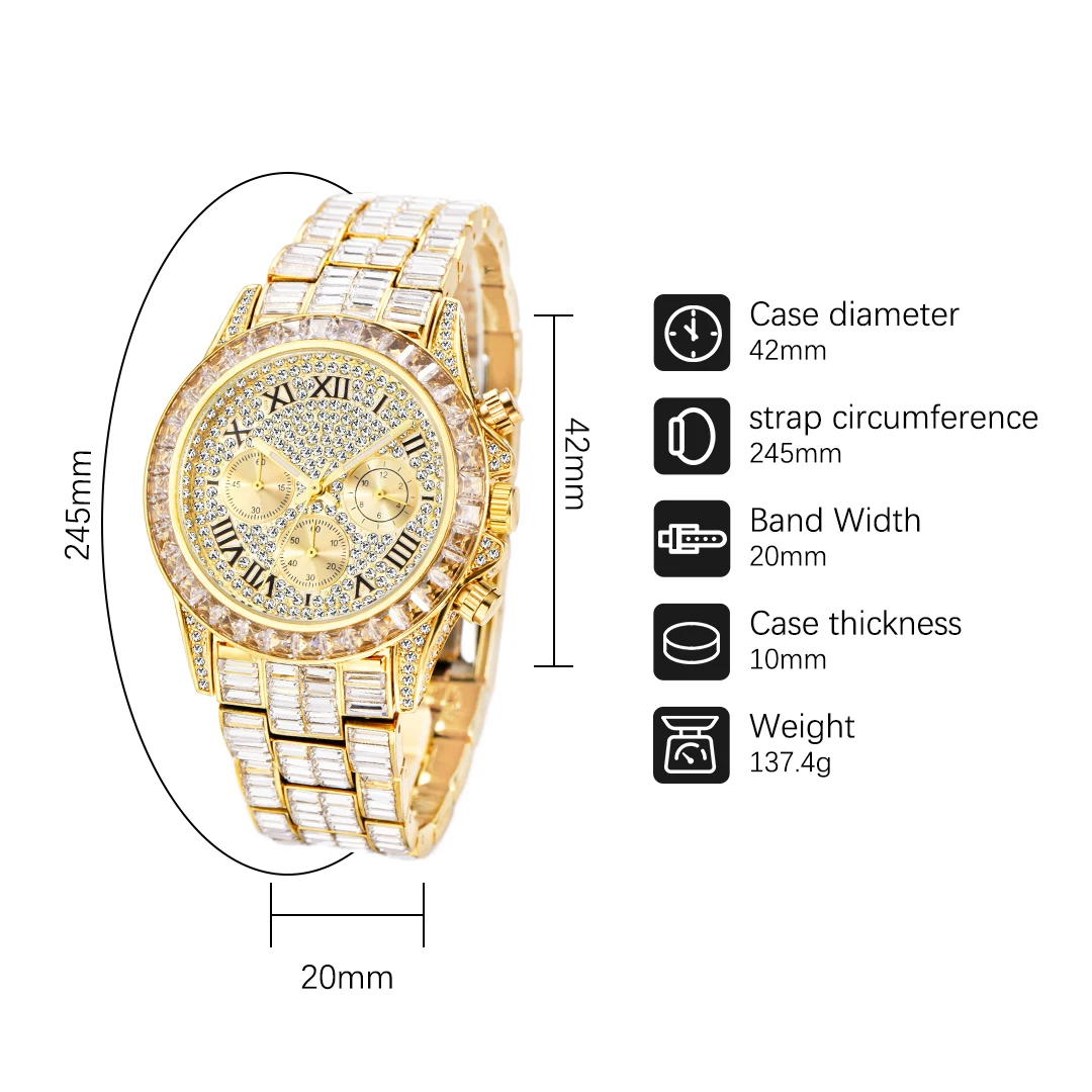 Luxury Quartz Watches For Male Gold Gem Bezel Diamond Face Waterproof Men\'s Watch Heavy Expensive Stylish Hand Clock Wholesale