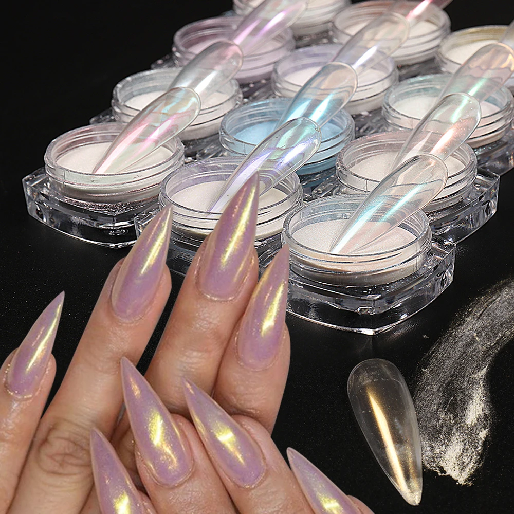 Colorful Aurora Chrome Nail Powder Pearl Shell White High Glossy Rubbing Dust Holographic Glimmer Pigment Nail Decor Flash