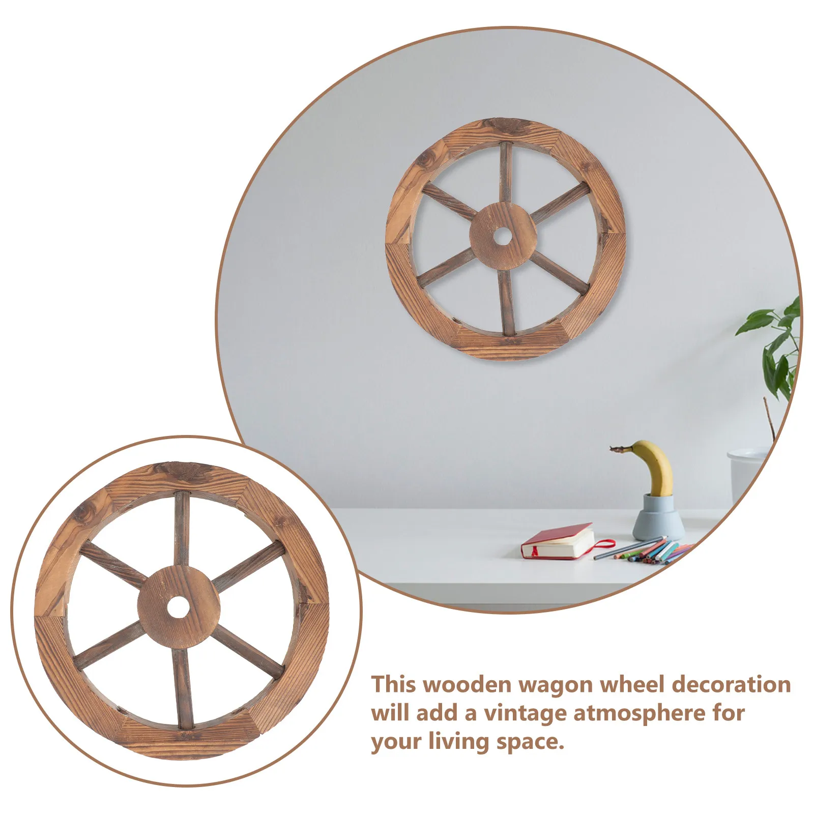 Vintage Wooden Wagon Wheel Wall Decor Rustic Handcrafted Wall Art Ornament for Indoor Room Garden Balcony