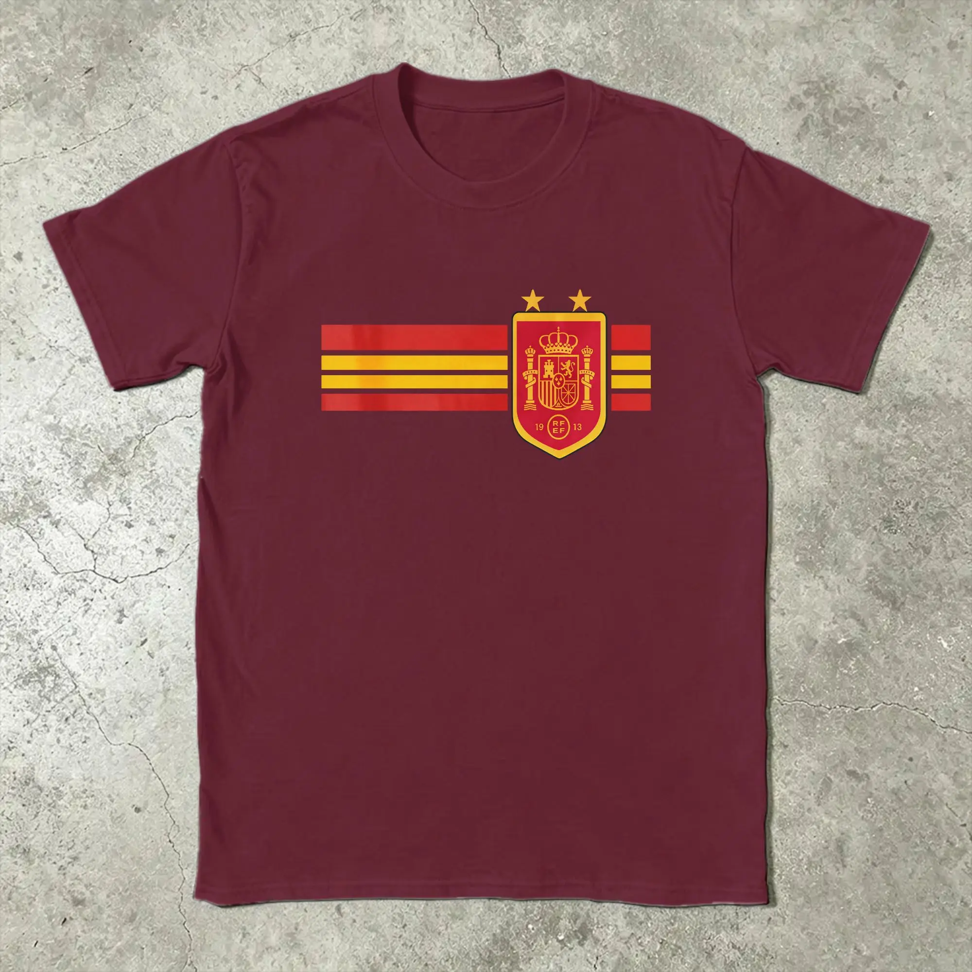 Men T-Shirt Spain Two Star National Crest Horizontal Flag Strip Vintage Cotton Tees Short Sleeve Round Neck Tops Printing