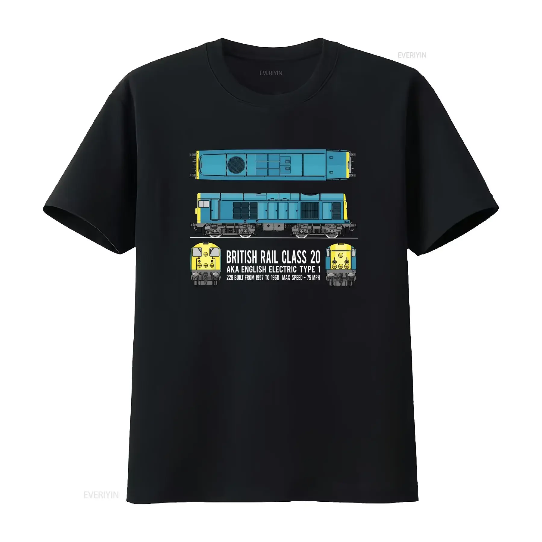 Men'S British Rail Class 20 Locomotive Train T Shirt Black with Blue Yellow Diagram Type 2 Labeled Design Casual Crew Neck Soft