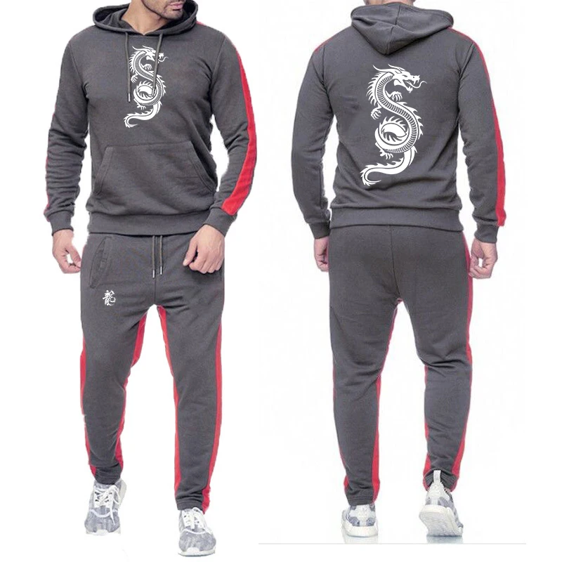 2025 Chinese Dragon Print Men's Spring And Autumn New Solid Color Hoodie + Pants Two-piece Set Fashion Casual Sports Suit