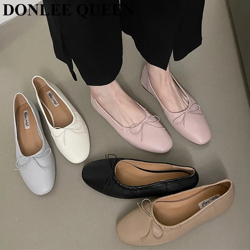 2024 Spring Round Toe Flat Casual Shoes Women Flats Ballet Female Ballerina Soft Moccasins Female Bow Knot Shallow Classic Mujer