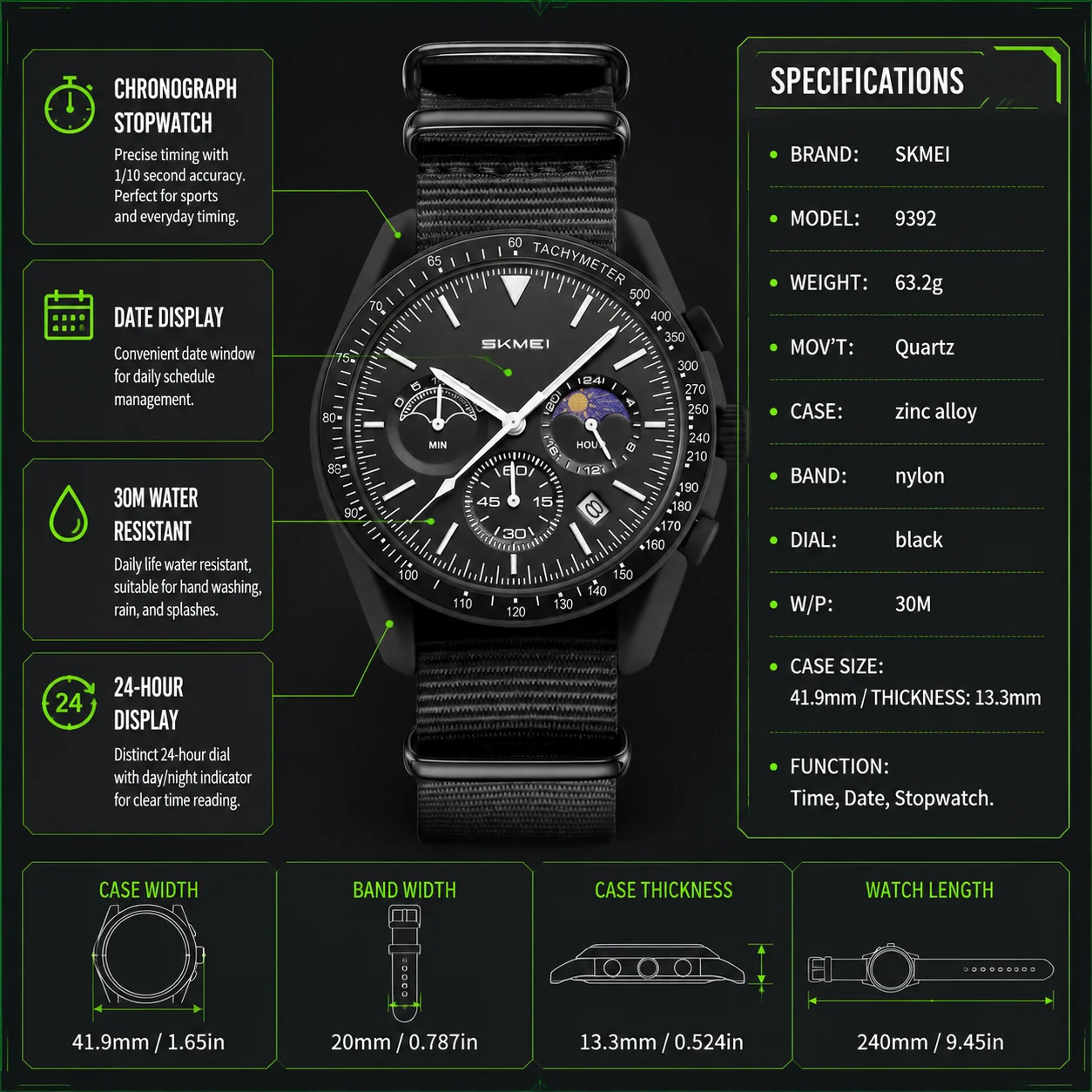 SKMEI 9392 Fashion Quartz Watches For Men Women 30M Waterproof Countdown Clock Nylon Strap Sub-dials Sun Moon Adjusted Casual view 5