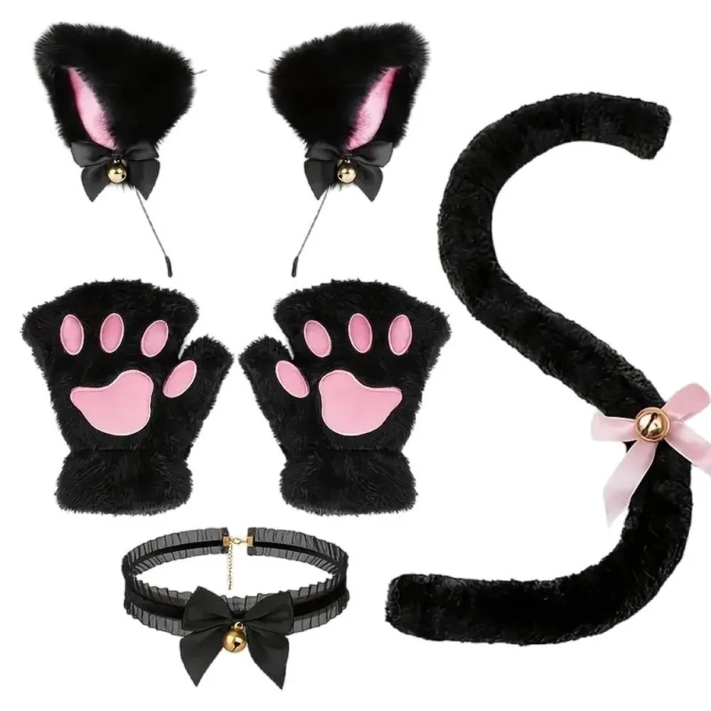 Ensemble de bandeaux oreilles de chat pour femme, mignon, couvre-chef Cosplay Lolita Jk, accessoires d'exposition Anime, peluche, déguisement d'halloween pour fille
