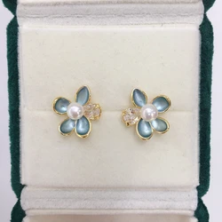 ZHBORUINI 2024 New Natural Freshwater Pearl Earrings Female Morandi Color Small Fresh Zircon Flower Pearl 14K Gold Plated Gift