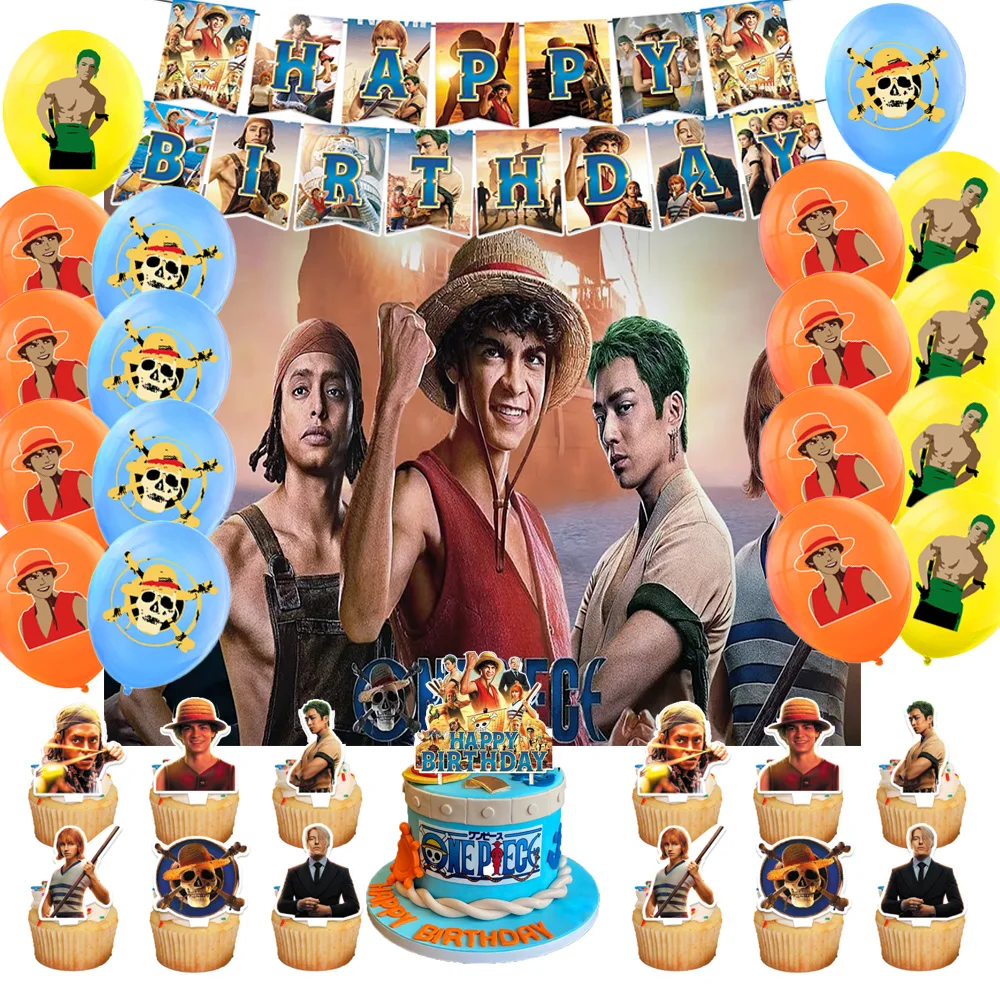 

Live-action Version One&Piece Boy Birthday Party Backdrop Decoration Luffy Zoro Balloon Banner Cupcake Topper Supplies Kids Gift