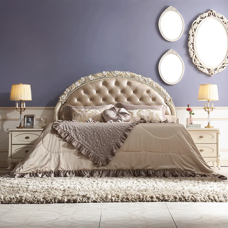 

!@European Style Solid Wood Chesterfield Leather Bed French Luxury Master Bedroom Double 1.8m Mattress Bed