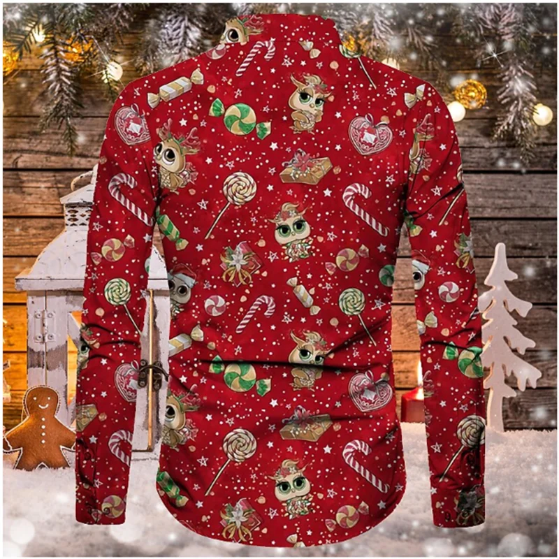 2024 Christmas Men\'s Shirts Long Sleeve Tops Christmas Theme 3D Printing Holiday Party Wear Casual Men\'s Christmas Shirts