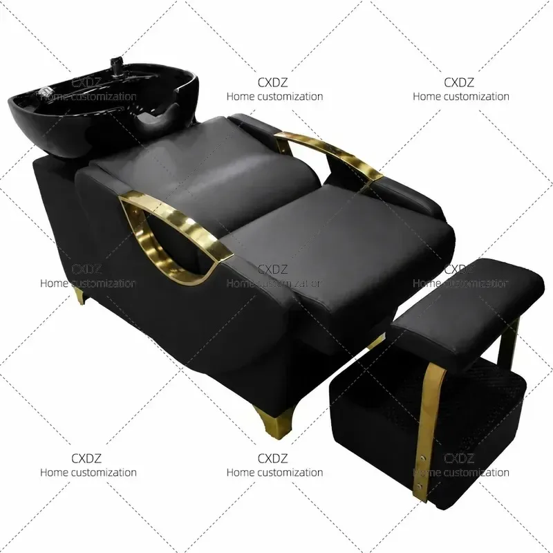 Barber Shop Shampoo Bed with Ceramic Basin Fiberglass Hair Salon Wash Station Semi Reclining Massage Backwash Unit for