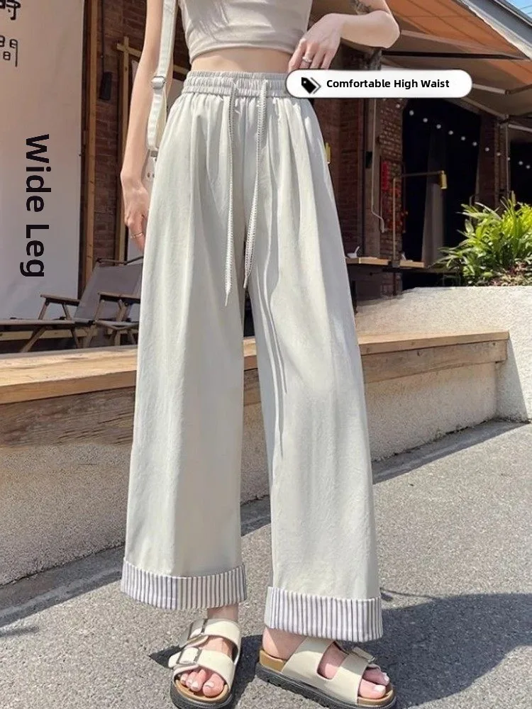 

Quick Dry Ice Silk Wide Leg Pants Women Summer Thin Loose High Waist Drapey Splice Sun Protection Nine Point Straight Tube Pants