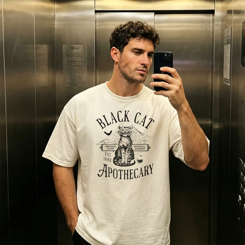 Old Fashion Halloween Tee for Men Women Black Cat Apothecary Est 1692 Retro Monochrome Dark Aesthetic Tops Graphic T Shirts