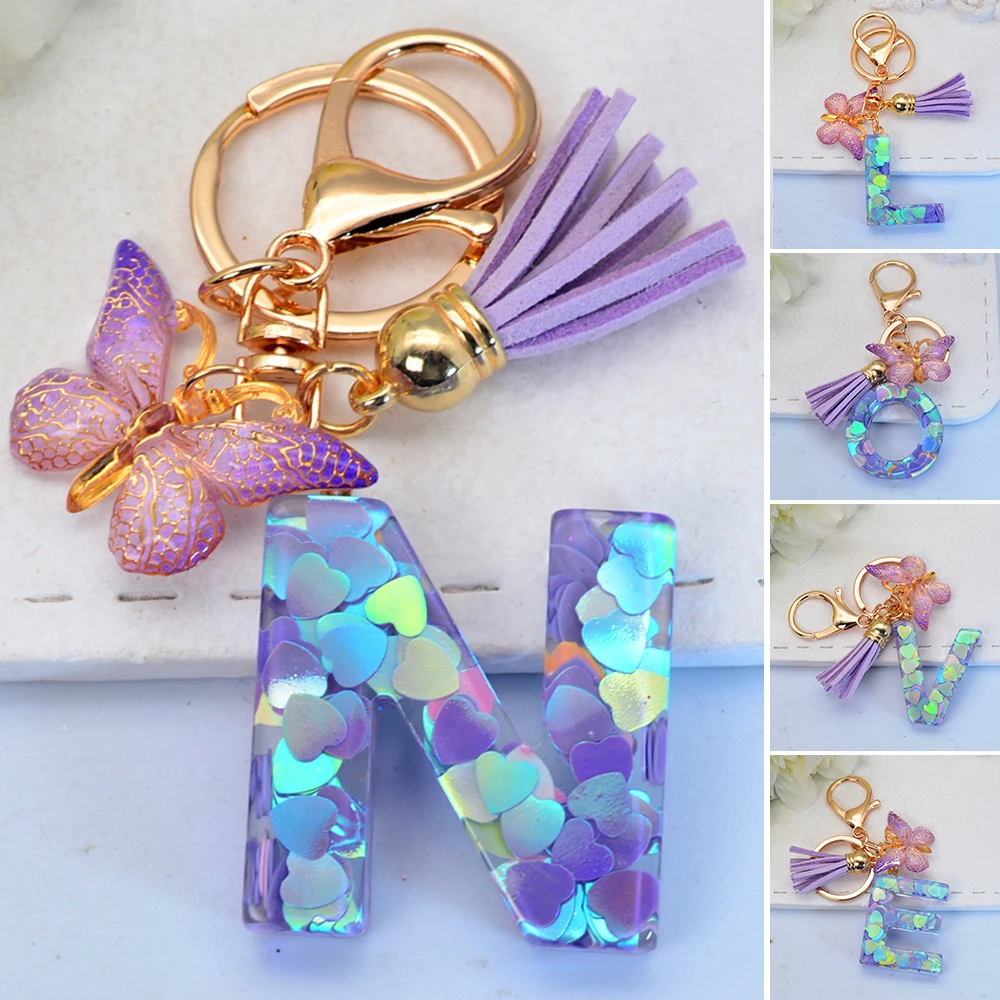 Exquisite 26 Initial Blue Shiny Resin Keychain A to Z Letter Purple Butterfly Tassel Pendant Keyring for Women Men Couple Gift