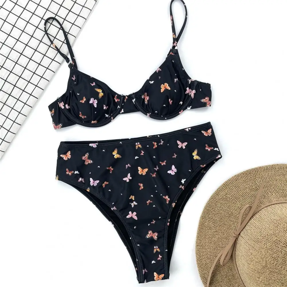 Women Split Bikini Butterflies Pattern Underwire Two-piece Backless Spaghetti Straps Swimsuit for Vacation купальник женский