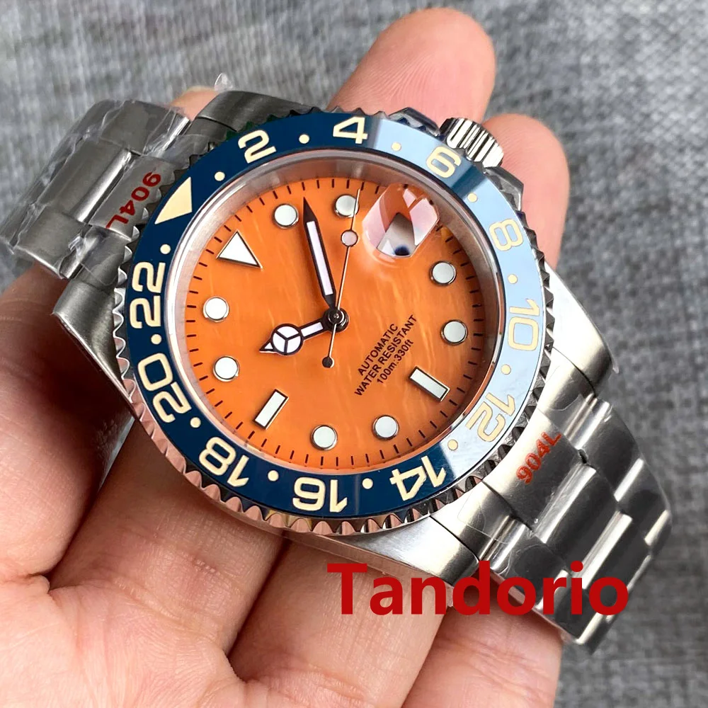 

Tandorio 40mm Orange/Yellow Mother of Pearl Dial Sapphire Glass Japan NH35A Auto Mens Watch Date Lume Screw Crown 24 hours Bezel