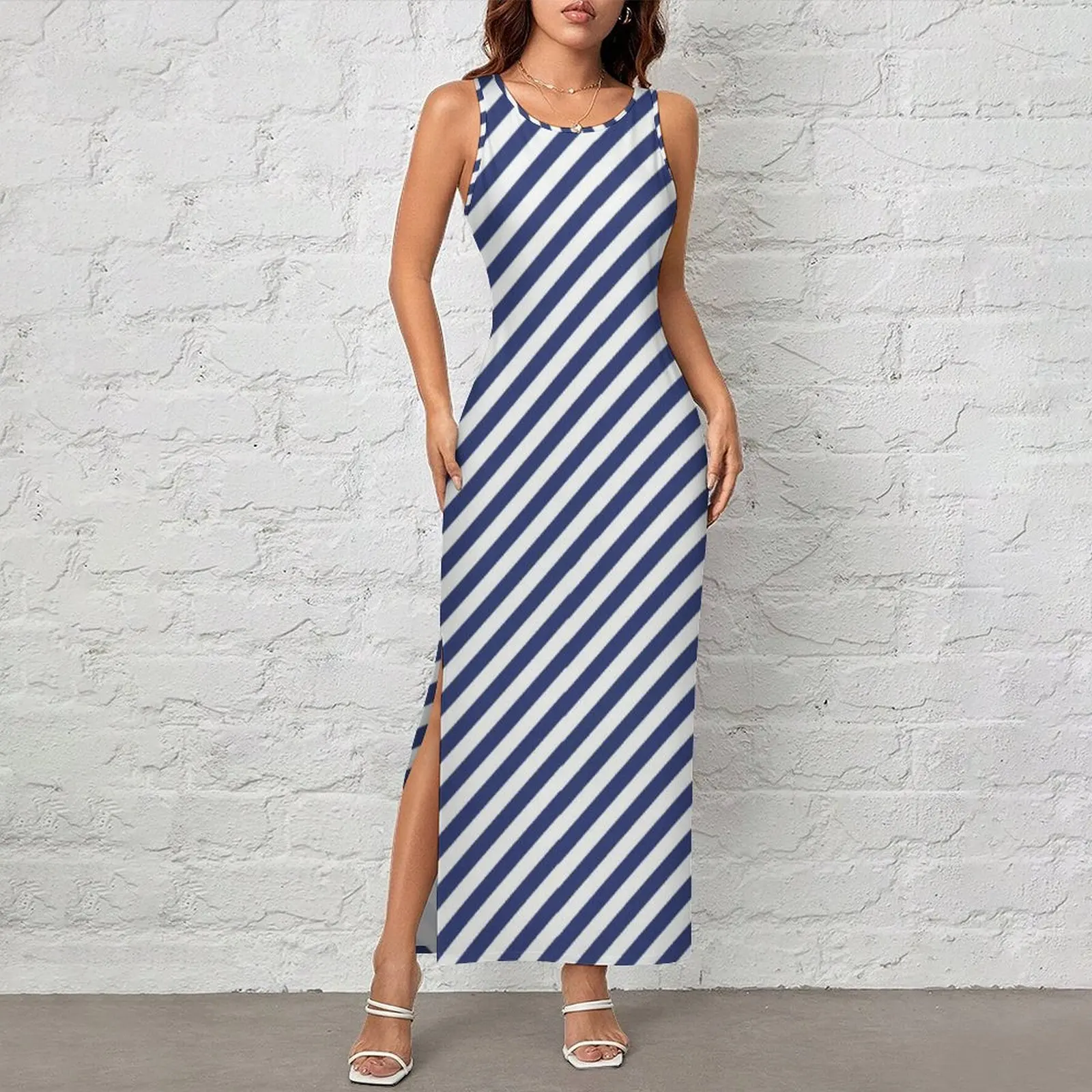 Womens Vintage Nautical Dress Blue Cross Stripes Street Fashion Bodycon Dress Summer Retro Maxi Dresses Oversized Vestidos