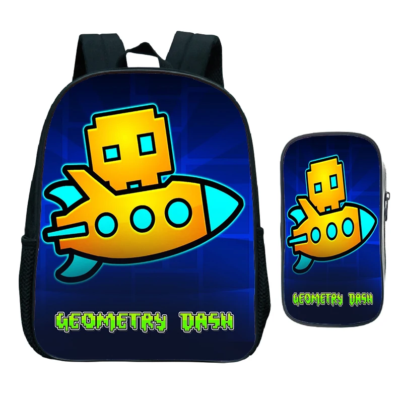 Mochila infantil Angry Geometry Dash para crianças, Bolsa de caneta para meninos e meninas, Mochila Softback, Bolsa de jardim de infância, 2pcs