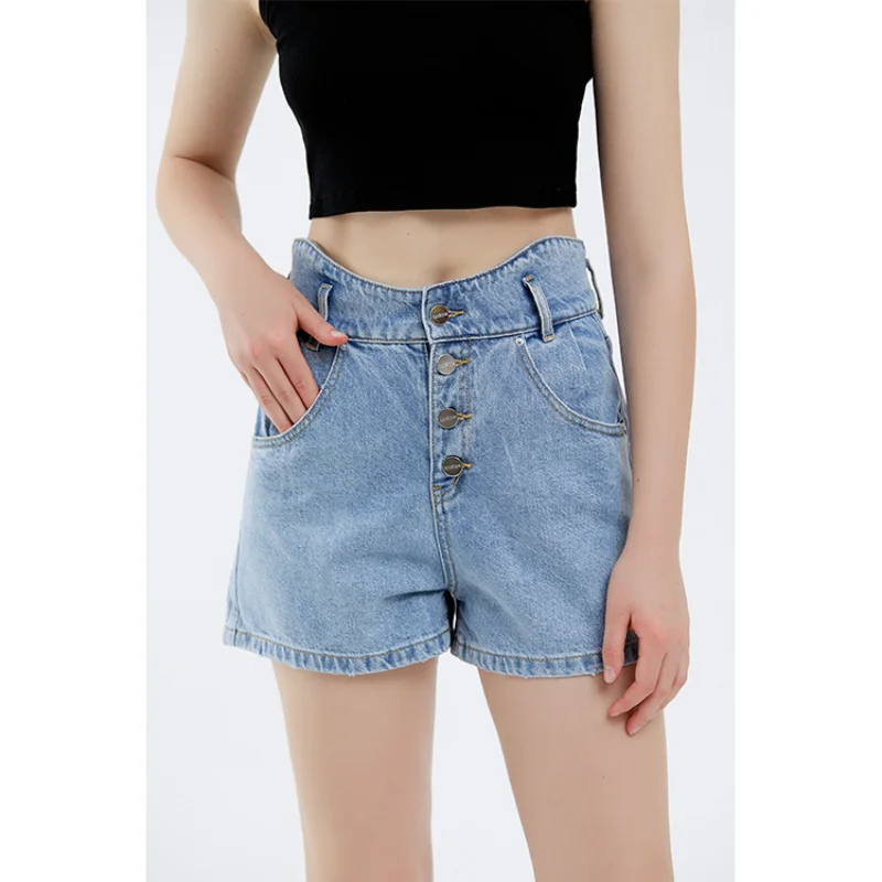 Spring/Summer High-waisted High-waisted Slim Silhouette A-line Single-breasted Washed Blue Straight-leg Denim Shorts for Women