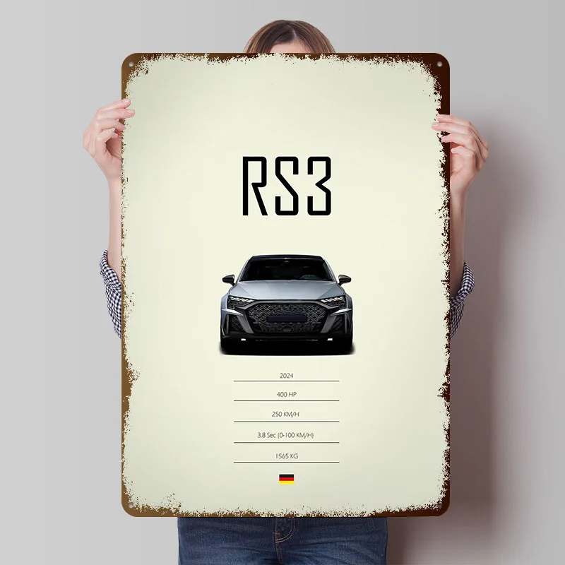 2024 Sports Car RS3 Poster Customized Wall Art Vintage Metal Signs Retro Tin Plaque for Man Cave Living Room Decoration House