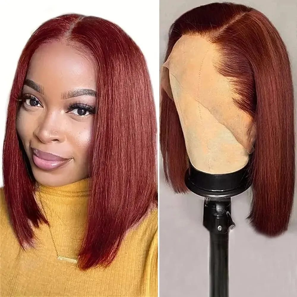 

Reddish Brown Short Bob Wig Human Hair 13x4 Lace Front Wigs Pre Plucked with Baby Hair Brazilian Virgin Hair 180% Auburn Brown