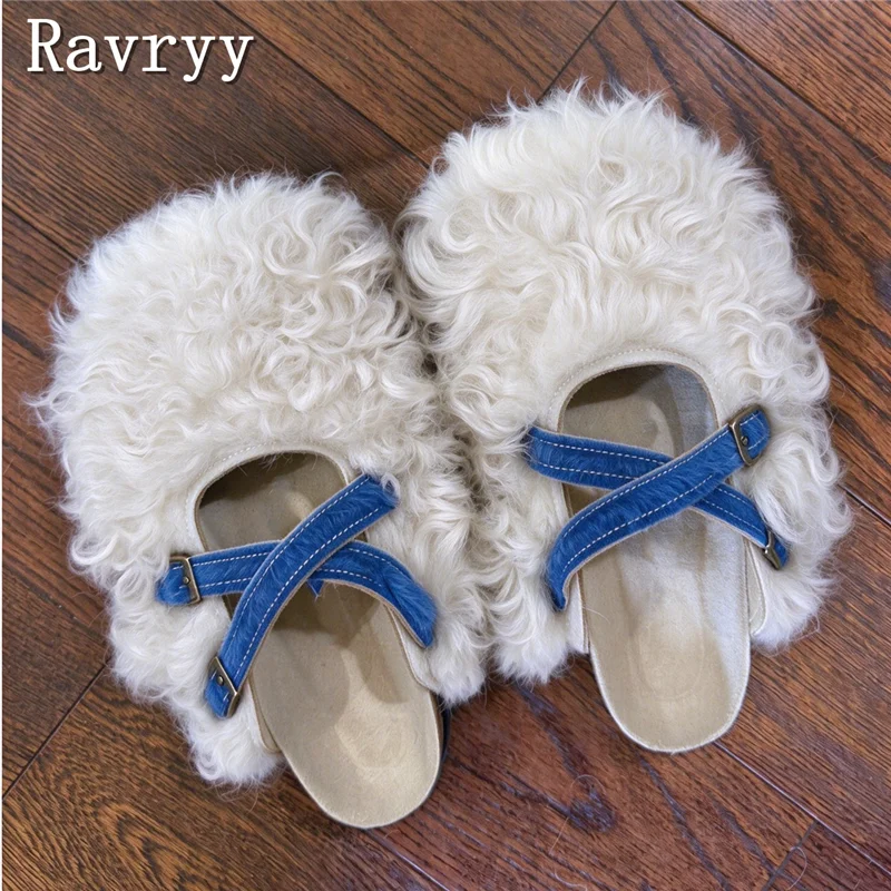 Unique Curly Fur Women Mules Chic Flat Furry Cross Strap Slide Slippers Fashion Indoor Outdoor Casual Footwear
