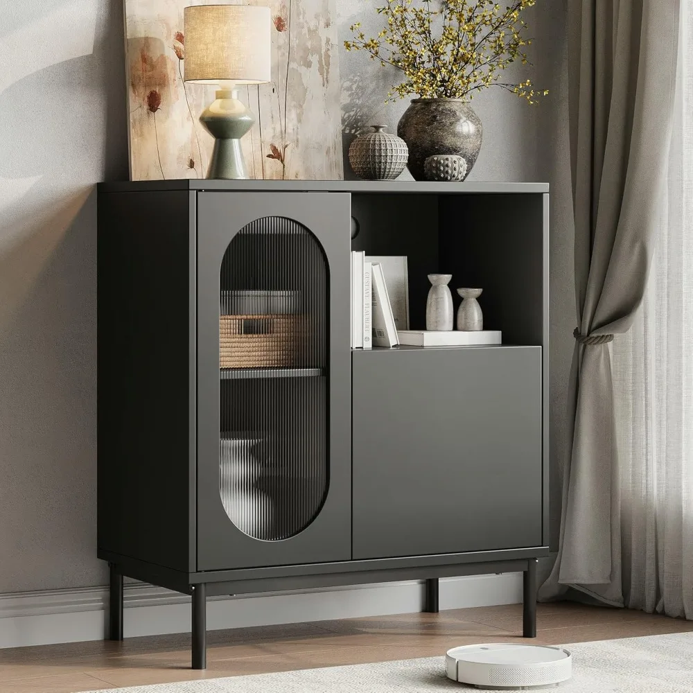 

Buffet Cabinet with Fluted Glass Doors and Adjustable Shelf, Wood Modern Accent Cabinet with Storage for Kitchen