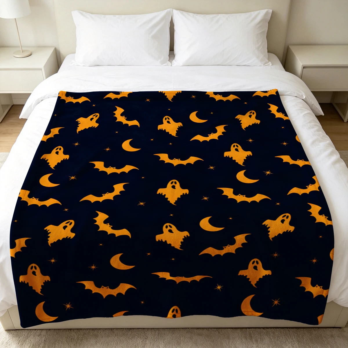 Navy Yellow Ghost Moon Winter Summer Flannel Blanket Throw Fleece Soft Fuzzy Plush Cozy Fleece Blankets for Sofa Ideal Gifts