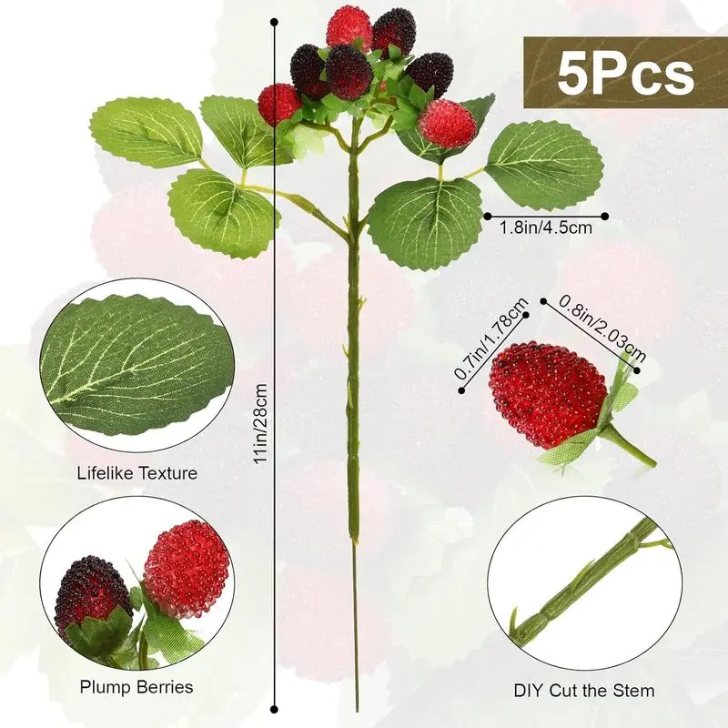 5‑Pack Artificial Raspberry Stems, 11‑Inch Fake Red Berry Branches, Faux Fruit Blackberry Picks for Home & Kitchen Decor, Floral Arrangements and Holiday Table Centerpieces (Red and Black)