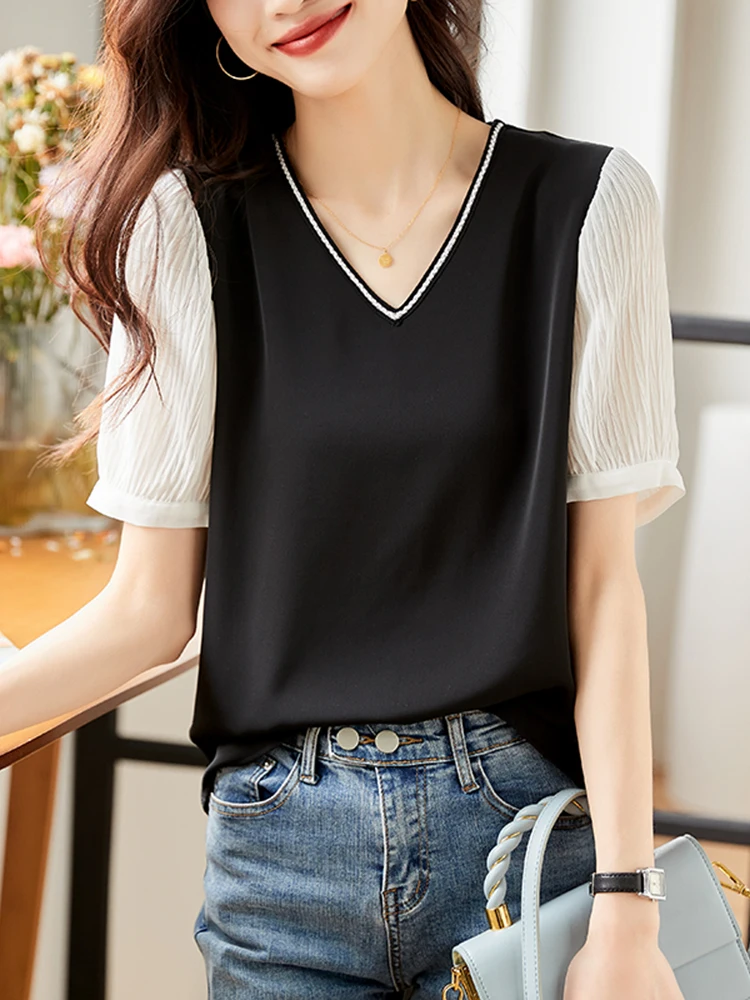 Modna bluzka z dekoltem w serek, letnia odzież damska 2026, nowa luźna bluzka szyfonowa, wzór z blokami kolorów, odzież codzienna.