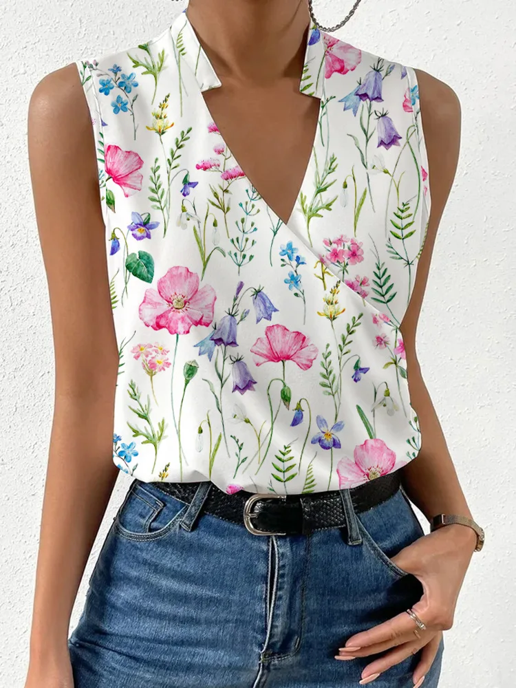 Loose sexy gola v sem mangas blusas para senhoras, camisas estampadas casuais, tops de flores florais, verão, 2022