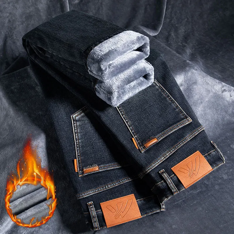 

2024 New Winter Fleece-lined Thick Jeans High-End Island Velvet Slim Straight Warm Anti-Freezing Cold-Resistant Trousers