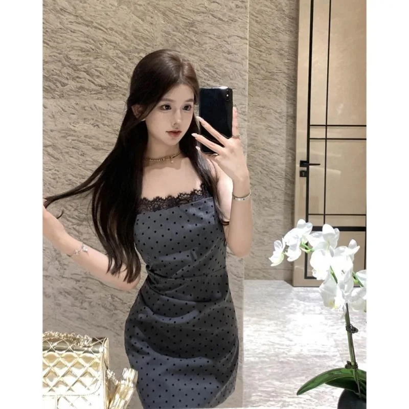 

Miiiix American Fashion Design Wave Point Dress for Women's Summer Suspender Temperament Lace Patchwork Hip Hugging Dresses