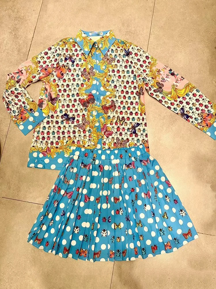 2025 verão feminino retro impressão geométrica lapela camisa curta conjunto de duas peças + cintura elástica solta saia plissada moda terno