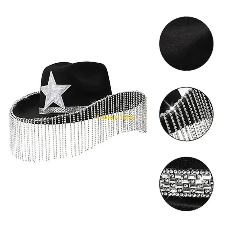 N58F Shimmering Cowboy Hats with Diamond Fringes for Proms Banquets Party Sequins Star Cowboy Hats for Teen Taking Photo