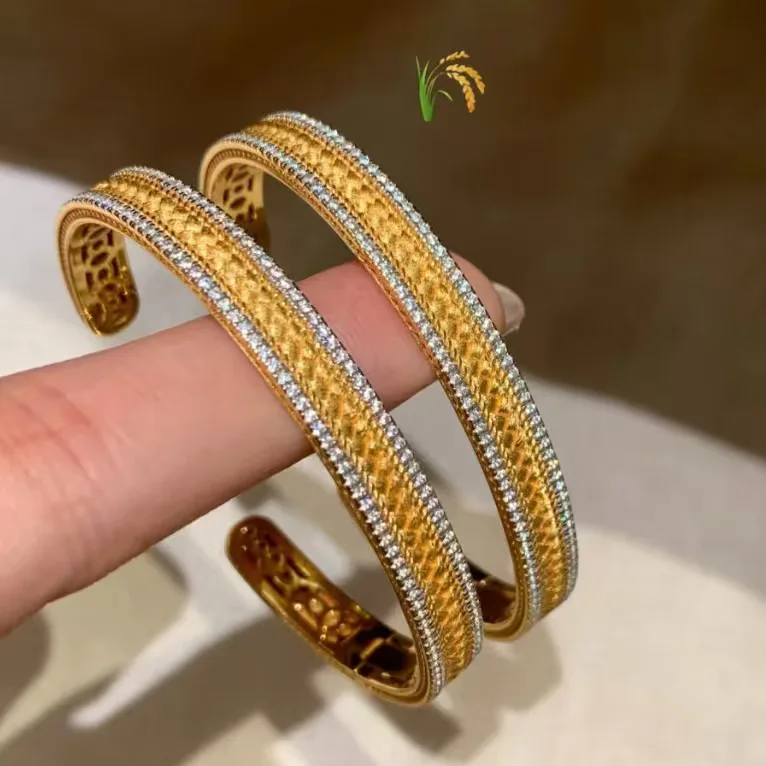Yellow-gold diamond-encrusted filigree silver bracelet Chinese style brushed weave wheat ear buckle bracelet female