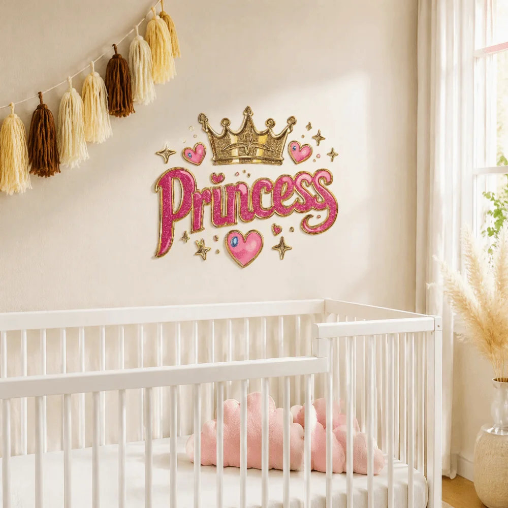 Cartoon Crown Princess Wall Sticker Self Adhesive Hearts Stars Princess Wall Decals Pink Color Non-Damaging