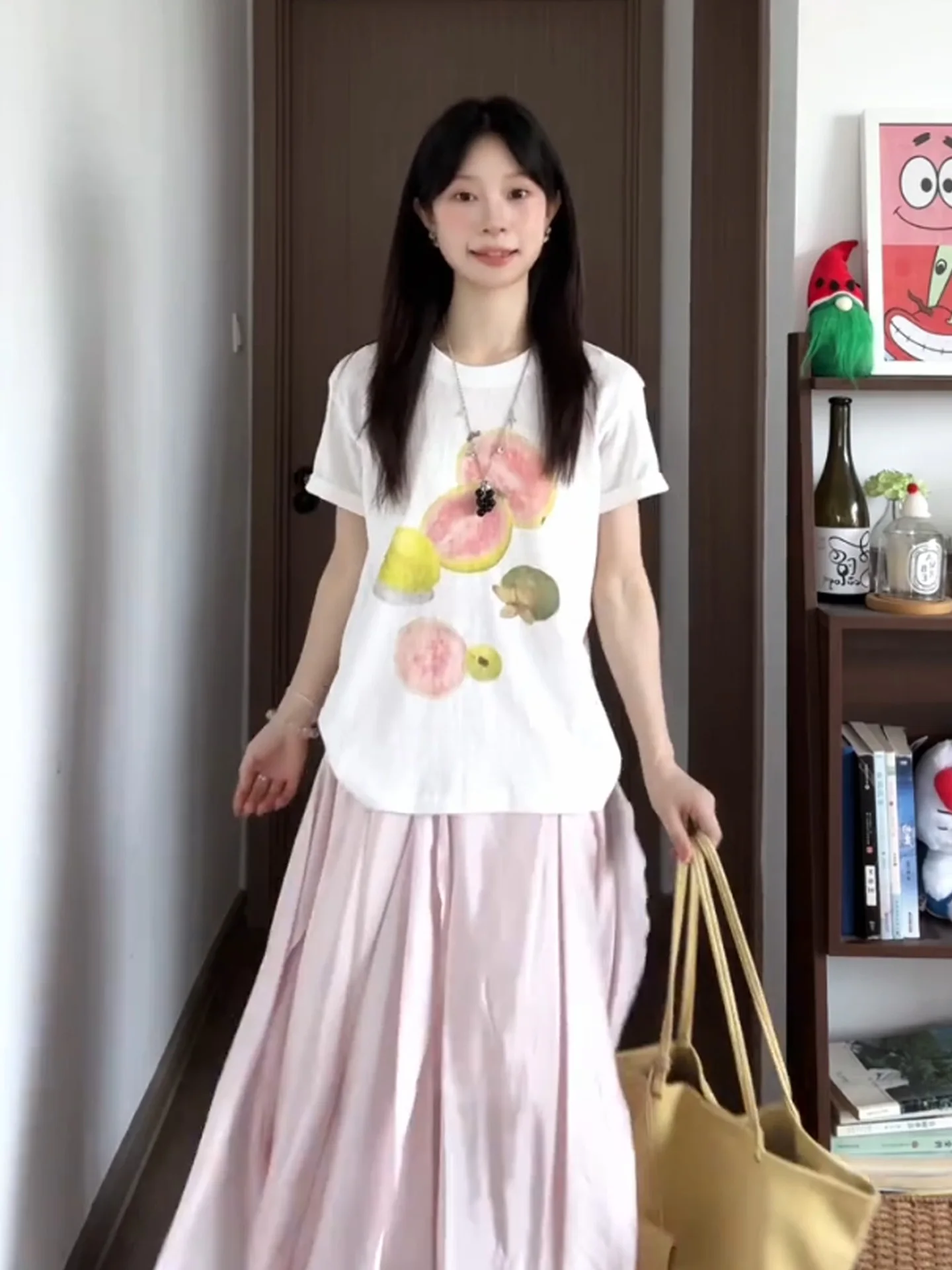 Summer Casual Loose Women's Short Sleeve T-Shirt Mango Guava Print round Neck Shoulder Width Regular Fabric Other 100%
