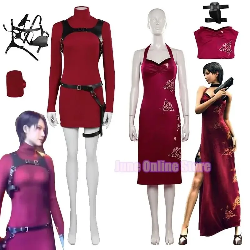 Ada wong cosplay traje bordado estilo cheongsam vestido vermelho feminino halloween sexy agente cosplay traje xs-xxxl