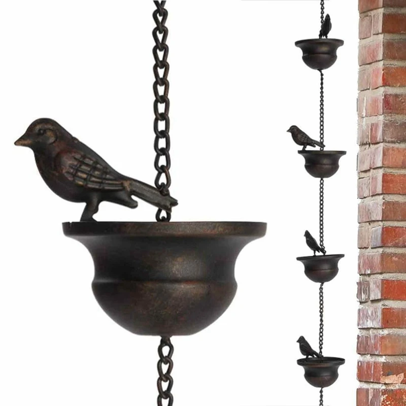 2X Rain Chains For Gutters Mobile Birds On Cups Rain Chimes 7.8Ft Rain Chimes With Attached Hanger And Birds