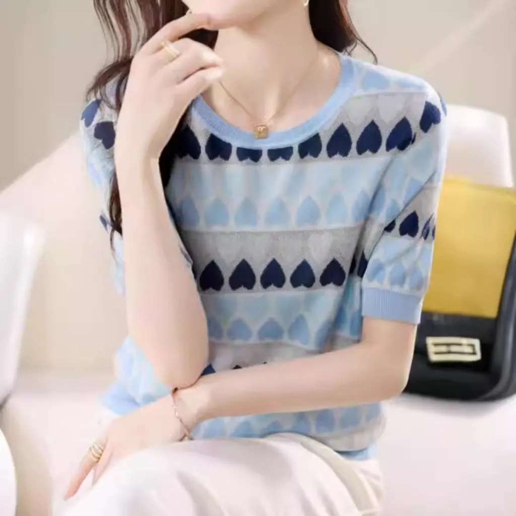 

Love Printed Slimming Knitwear T-shirt Short-Sleeved Thin Summer Korean Style Fashionable Casual Top for All Ages