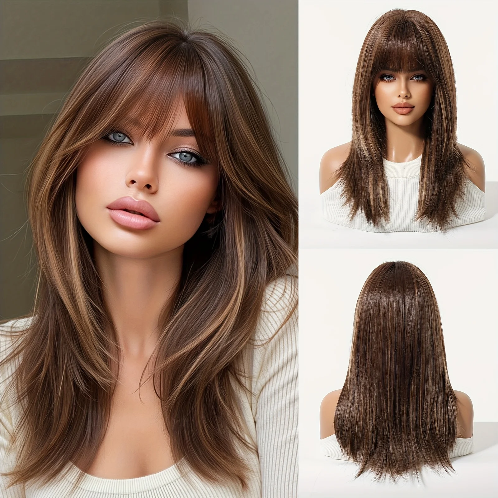 18-inch Women's Chestnut Brown and Coffee Brown Ombre Air Curtain Bangs Center Part Medium-Length Straight Wig for Beginners