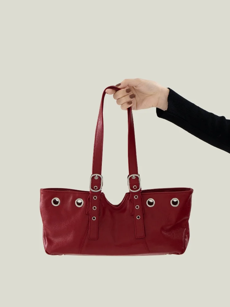 

Fashion Soft Leather Shoulder Bag for Women Luxury Hollow Rivet Metal Buckle Underarm Bag Retro Motorcycle Bag Commuter Bags