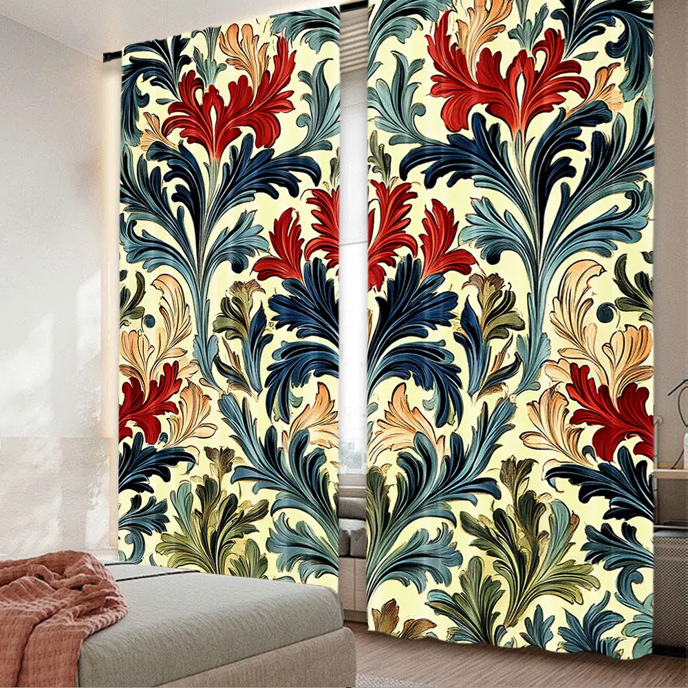 2Pcs Boho Style Red Flower Retro Curtain Original Design Abstract Flower Shading Curtain Suitable For Kitchen Bedroom Living
