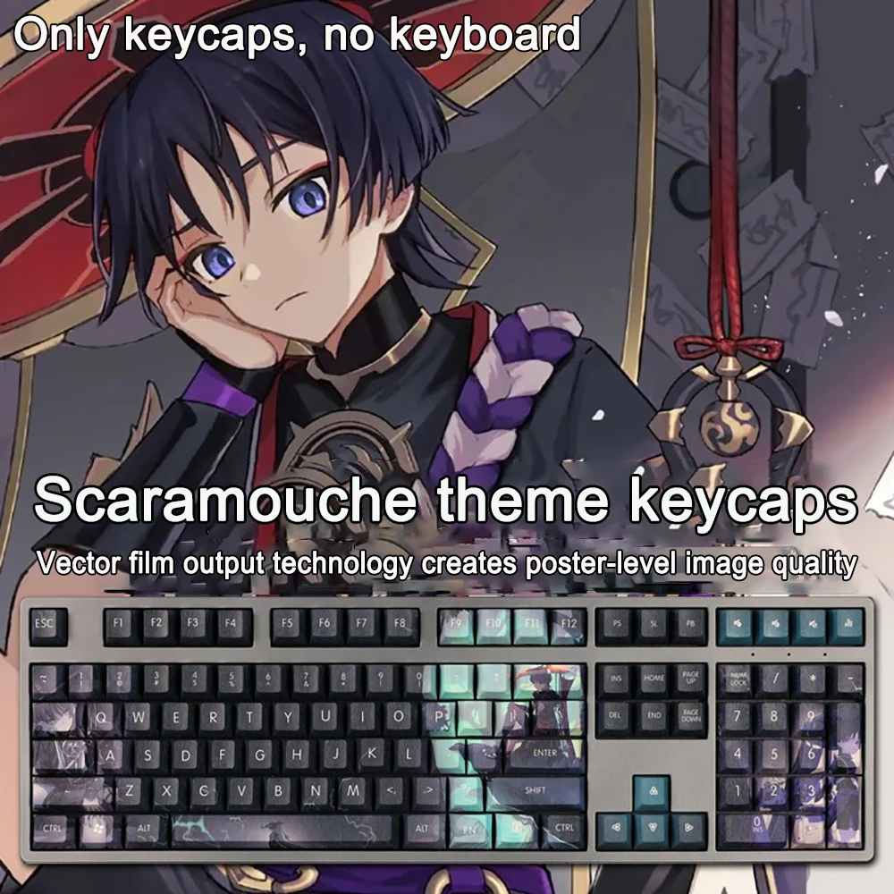 

108 Keys Genshin Impact Keycaps Scaramouche PBT Dye Subbed Cherry Backlit Keycaps Anime Gaming Key For ANSI 61 87 104 108 Layout