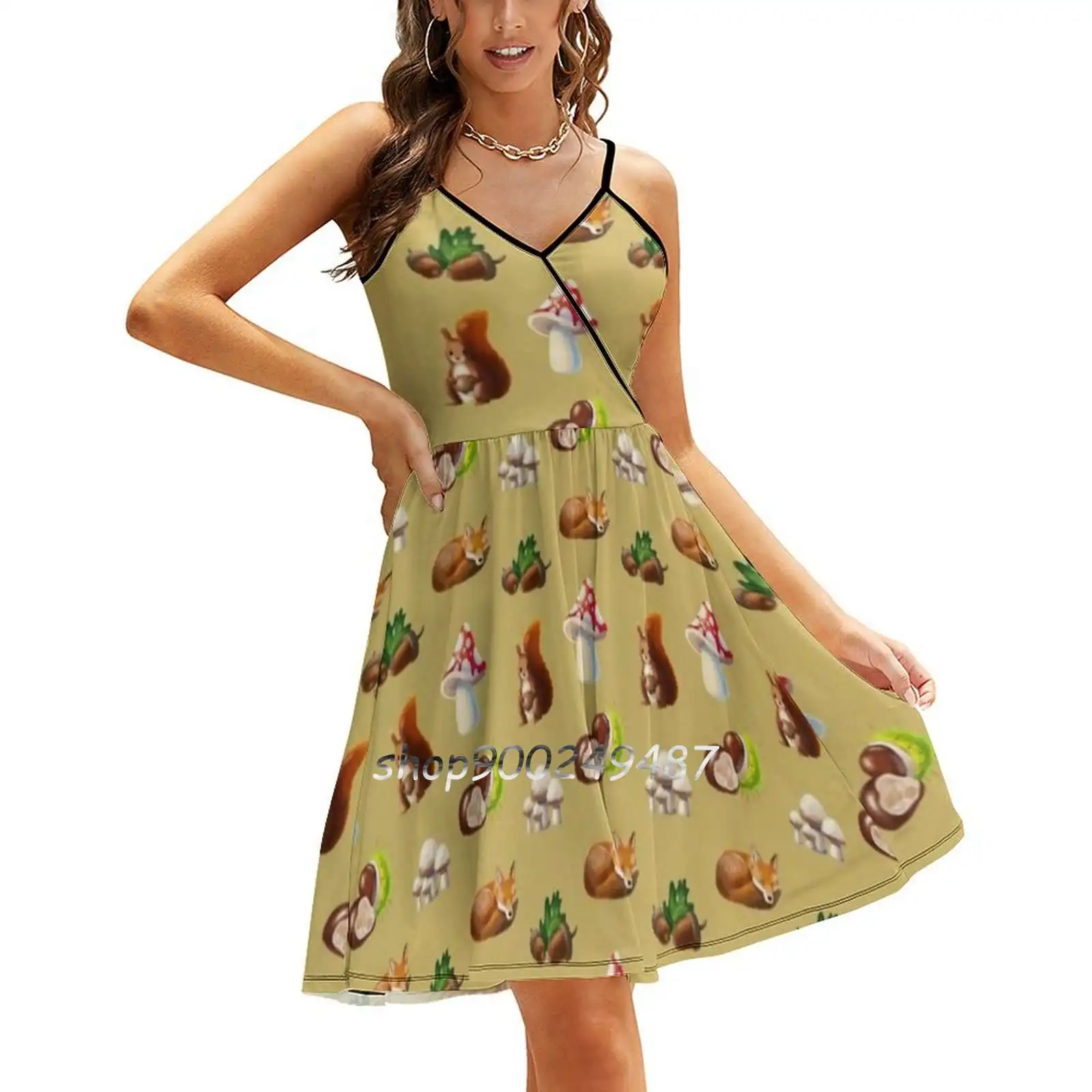 

Autumn Sling Dress Summer Dress Sling Sexy A Line Dress Fashion Female Dress Animal Fox Squirrel Mushroom Autumn Case Cute