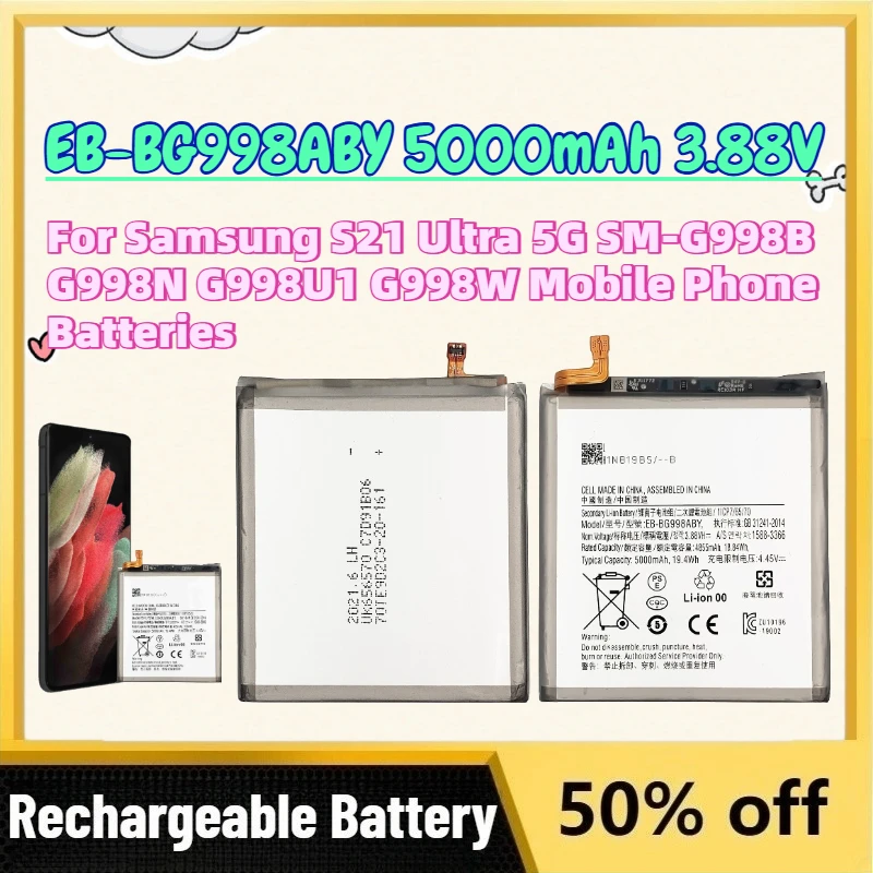

High-Quality New EB-BG998ABY 5000mAh 3.88V Battery for Samsung S21 Ultra 5G SM-G998B G998N G998U1 G998W Mobile Phone Batteries