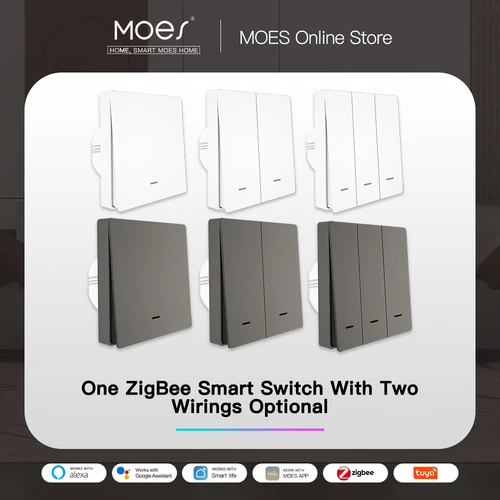 MOES interruptor de luz inteligente Tuya ZigBee sin cable neutro No necesita condensador Smart Life 2/3 vías funciona con Alexa Google Home 2mqtt