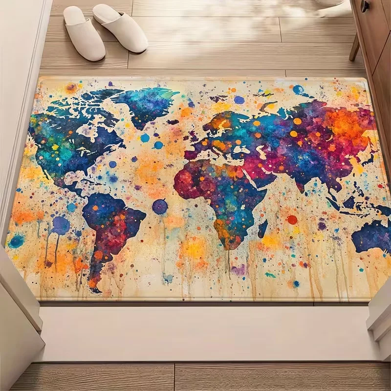 Bright Color Block World Map Doormat Simple Kids Continent Print Non Slip Floor Mat for Playroom Entryway Bedroom Study Decor