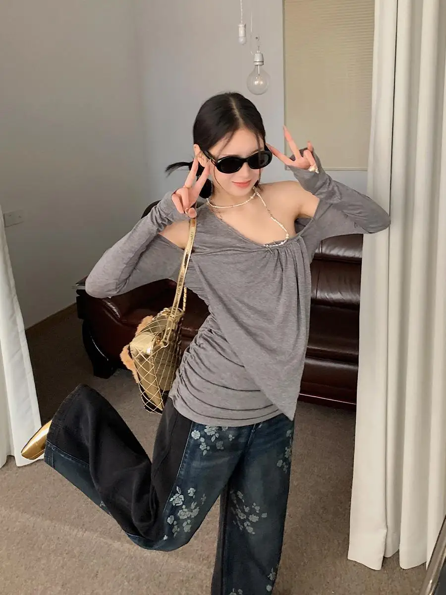 

Футболка Brand Slim Fit с длинным рукавом и складками, ручная работа от мастеров, простой прямой крой, однотонная, весенняя одежда