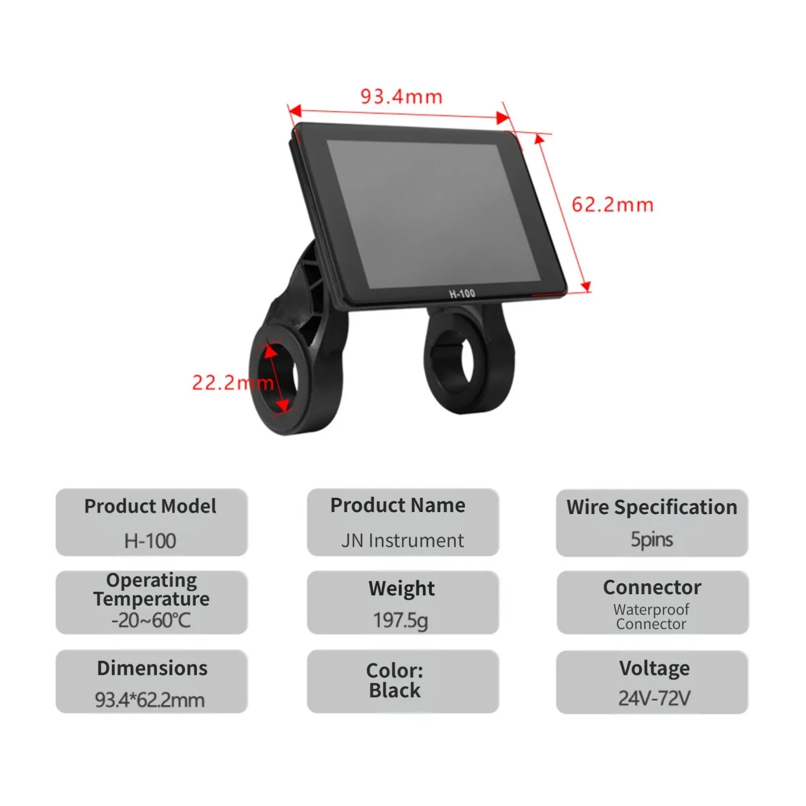 

Ebicycle LCD Instrument Panel H100 Waterproof 5 Pin Connector 24V 72V Voltage for Electric Bicycle Performance Monitoring